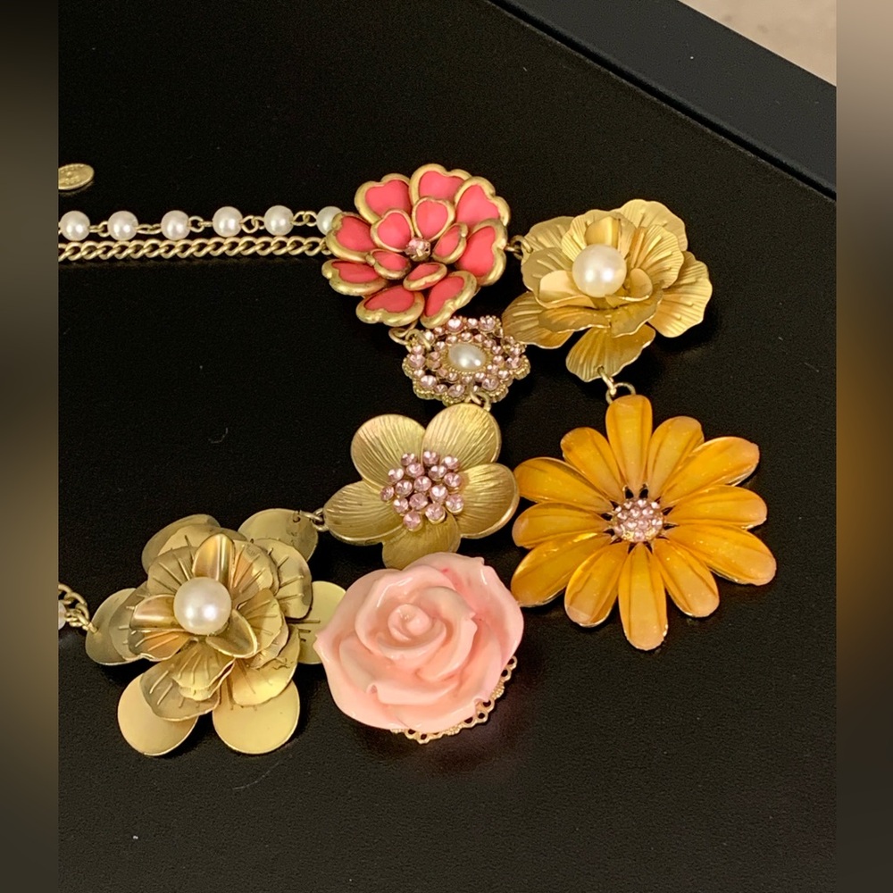 Vintage Signed Robert Rose Pearl Rhinestone Flower Choker Necklace